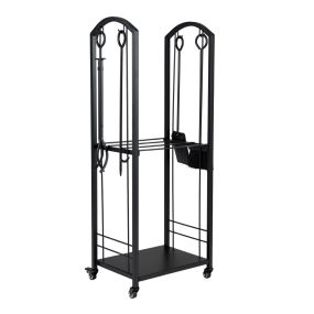 Estante para Leña Vertical de Dos Niveles con Ruedas y Herramientas Completas de Chimenea Metal Resistente Seguro 46 x 33 x 121,5 cm Negro