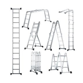 7 en 1 Escalera Plegable de Aluminio Multifunción con Pedal y Almohadillas Antideslizantes Escalera Carga 150kg 60,5 x 15 x 370,5 cm Plata