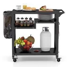 Carro de Barbacoa de 3 Estantes para Exteriores con 4 Ruedas y Tablero de Metal Carrito de Asado Carrito Móvil 111 x 50,5 x 93 cm Negro