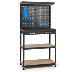 Banco de trabajo con 2 neumáticos, estantes, espacio superior y cajón, 81 x 41 x 155 cm, negro y azul