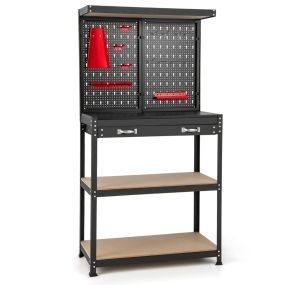 Banco de Trabajo para Almacenamiento de Herramientas con Tablero Perforado con Cajones 14 Accesorios Marco de Metal para Garaje Rojo