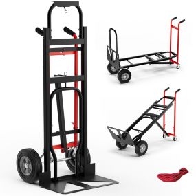 Carretilla de Mano 3 en 1 de Metal con 4 Ruedas de Goma Plegable y Carga Máxima 450kg para Almacén Hogar o Supermercado Negro+Rojo