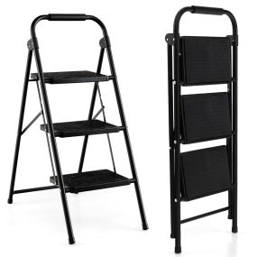 Escalera Plegable de 3 Peldaños Taburete con Pedal Manija Acolchada Escalones Antideslizantes Portátil para Cocina Hogar Carga 150 kg Negro