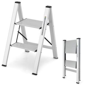 Escalera de 2 Peldaños Plegable de Aluminio con Pedal y Almohadillas de Pie Antideslizantes 49 x 44 x 66 cm