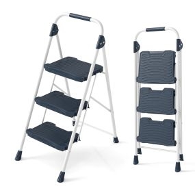 Escalera de 3 Peldaños Taburete Plegable con Pasamanos Acolchado y Amplio Pedal Antideslizante Escalera Portátil Ligera y Resistente Azul