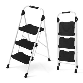 Escalera de 3 Peldaños Taburete Plegable con Pasamanos Acolchado y Amplio Pedal Antideslizante Escalera Portátil Ligera y Resistente Negro