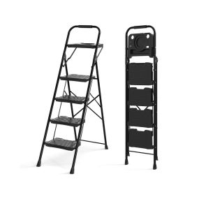 Escalera de 4 Peldaños con Bandeja para Herramientas Taburete Metálico con Peldaños Anchos Antideslizantes y Almohadillas para Pies Negro