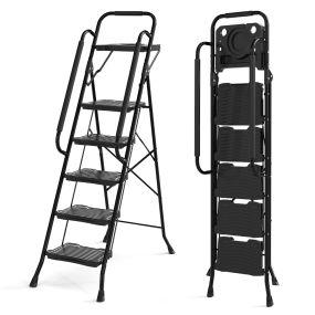 Escalera de 5 peldaños con bandeja portaherramientas, barandilla, antideslizante, 150 kg, negro