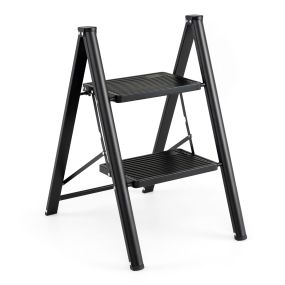 Escalera Plegable de Metal Resistente de 2 Peldaños Antideslizante Soporta Hasta 100 kg para Uso Doméstico Seguro en Interiores Negro