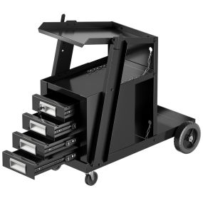 Carro de Soldadura Rodante de 4 Cajones con Almacenamiento de Tanque y Cadena de Seguridad para TIG MIG ARC y Cortador de Plasma Negro