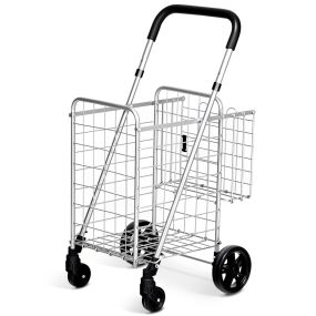 Carro de Compras Plegable Portátil de Doble Cesta Mediano y Ligero de Gran Capacidad Carro Rodante de 4 Ruedas 43 x 52 x 95 cm Plata