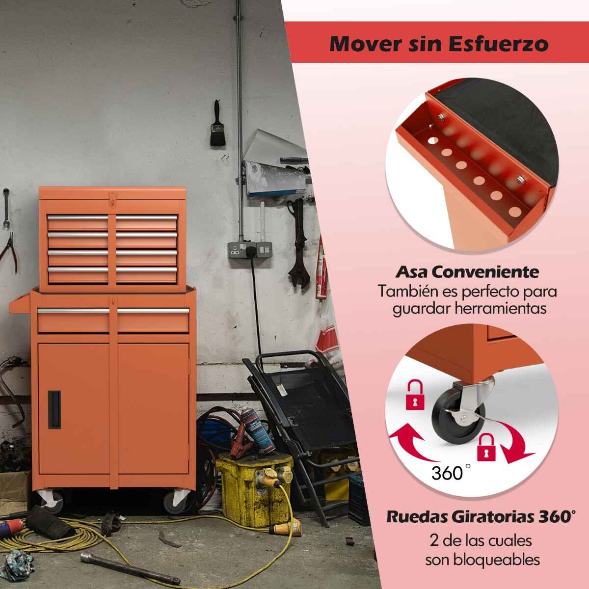Caja para herramientas de 5 cajones con ruedas bloqueables y estante ajustable 59 x 28 x 102 cm naranja