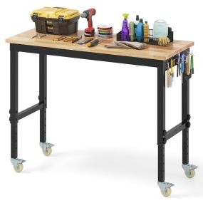 Banco de trabajo ajustable en altura con ruedas y 2 paneles perforados 122 x 51 x 74-104 cm natural