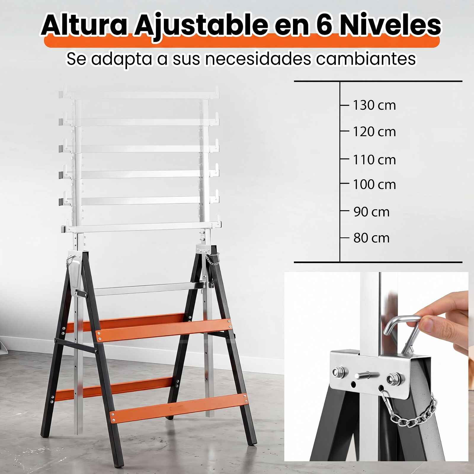 Juego de 2 caballetes de trabajo regulables estructura metálica estable 69 x 56 x 80-130 cm negro y naranja