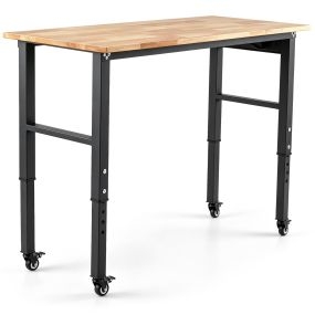 Banco de trabajo natural 150 kg patas regulables ruedas con freno puertos de carga 116 x 50 x 61,5-96,5 cm