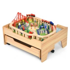 Set mesa de madera con vías para niños 100 piezas multicolor con cajón y ruedas bloqueables