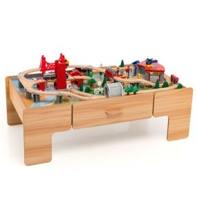Set de tren y mesa de actividades de madera 100 piezas para niños 3+ años con tablero reversible y cajón