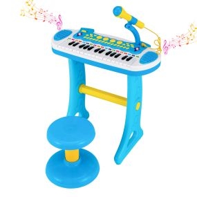 Juego de Teclado Infantil de 31 Teclas Instrumento Musical Portátil Múltiples Sonidos Luz Micrófono Taburete Ajustable para Niños 3+ Años Azul