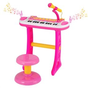 Juego de Teclado Infantil de 31 Teclas Instrumento Musical Portátil Múltiples Sonidos Luz Micrófono Taburete Ajustable para Niños 3+ Años Rosa