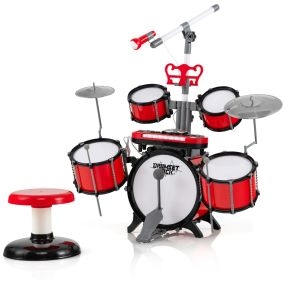Batería infantil con taburete, micrófono y teclado multifuncional de juguete rojo