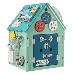 Casa de Actividades de Mader con Juegos Sensoriales y Espacio de Almacenaje Interior Juguete Educativo para 3+ Años 33 x 33 x 45 cm Azul