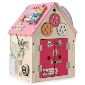 Casa de Actividades de Mader con Juegos Sensoriales y Espacio de Almacenaje Interior Juguete Educativo para 3+ Años 33 x 33 x 45 cm Rosa