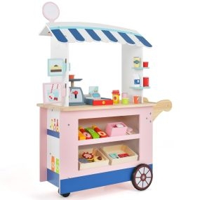 Carrito de Comida y Golosinas para Niños de 3+ Años Juguete Carrito con Máquina POS Estante para Bebidas Área de Exhibición Ruedas Rosa