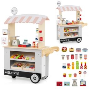 Carrito de Comida y Golosinas para Niños de 3+ Años Juguete Carrito con Máquina POS Estante para Bebidas Área de Exhibición Ruedas Gris