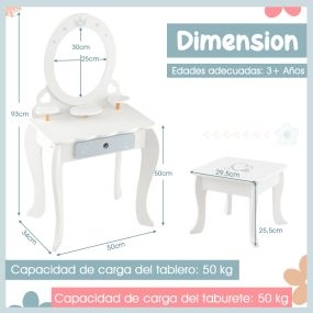 Set tocador infantil de madera 2 en 1 con taburete y espejo desmontable con cajón blanco