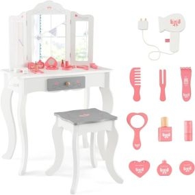 Set de tocador infantil 2 en 1 con mesa, taburete y espejo triple extraíble blanco 60 x 33 x 98,5 cm