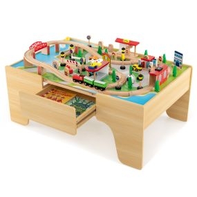 Mesa de Juegos de Tren de 84 Piezas de Madera Maciza para Niños Vías de Tren para Niños y Niñas 3+ Años 97 x 62,5 x 39,5 cm Natural