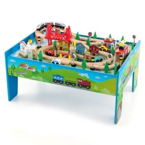 Mesa de Juegos de Tren de 80 Piezas de Madera Maciza para Niños Vías de Tren para Niños y Niñas 3+ Años 82,5 x 60 x 40 cm Multicolor
