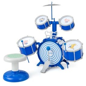Juego de Batería Infantil con 5 Tambores Jazz Rock con Bombo 1 Platillo 2 Baquetas 1 Pedal Instrumento de Percusión para 3+ Años Azul