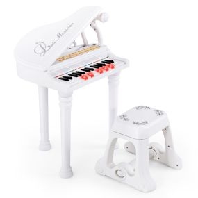 Teclado de Piano Electrónico para Niños de 31 Teclas con Taburete Piano de Juguete Portátil con Micrófono LED 35 x 30 x 55 cm Blanco