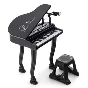 Teclado de piano para niños de 37 teclas con taburete, micrófono y LED, negro