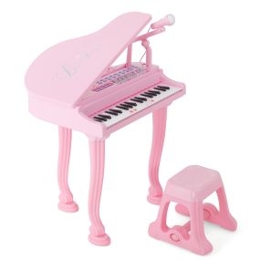 Teclado de piano para niños de 37 teclas con taburete y micrófono LED rosa