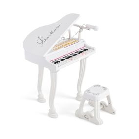 Piano electrónico para niños de 37 teclas con taburete, micrófono, LED, grabación y reproducción, blanco