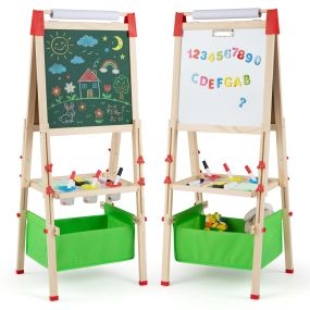 Caballete infantil de madera verde doble cara regulable con pizarra magnética y bolsa 44 x 40 x 102-126 cm