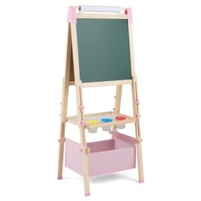 Caballete de Madera Ajustable con Pizarra de Tiza y Blanca Rollo de Papel e Imanes para Niños Natural y Rosa