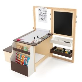 Juego de Mesa y Banco de Arte para Niños con Caballete Ajustable de Doble Cara Pizarrón Magnética y Rollo de Papel Reemplazable Café