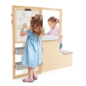 Juego de Mesa y Banco de Arte para Niños con Caballete Ajustable de Doble Cara Pizarrón Magnética y Rollo de Papel Reemplazable Gris