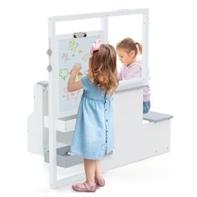 Juego de Mesa y Banco de Arte para Niños con Caballete Ajustable de Doble Cara Pizarrón Magnética y Rollo de Papel Reemplazable Gris+Blanco