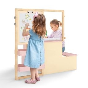 Juego de Mesa y Banco de Arte para Niños con Caballete Ajustable de Doble Cara Pizarrón Magnética y Rollo de Papel Reemplazable Rosa