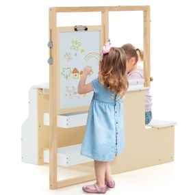 Juego de Mesa y Banco de Arte para Niños con Caballete Ajustable de Doble Cara Pizarrón Magnética y Rollo de Papel Reemplazable Blanco