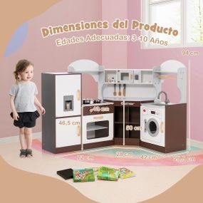Juguete de Cocina para Niños de 3+ Años con Sonido y Luces Microondas Horno Fregadero y Lavadora Juego de Cocina Infantil de Madera Marrón