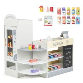 Tienda Infantil de Comestibles Juguete de Madera de Supermercado con Caja Registradora Máquina POS Expendedora para Niños 3-8 Años Gris