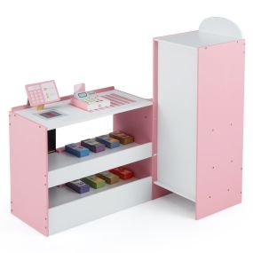 Tienda infantil de comestibles de madera con caja registradora y máquina POS rosa para niños 3-8 años