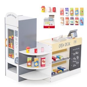 Tienda infantil de comestibles de madera con caja registradora y máquina POS blanca para niños 3-8 años