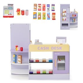 Juguete de supermercado de madera con caja registradora y máquina POS púrpura para niños 3-8 años