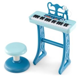 Juguete de Teclado de Piano de 37 Teclas para Niños con Taburete Micrófono Ajustable Atril Extraíble Piano Juguete Electrónico Azul